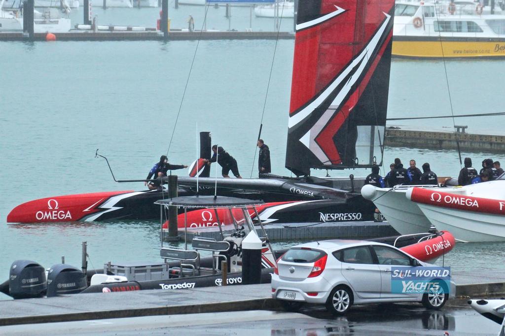 The lack of traditional grinder pedestals is evident in this image  - Emirates Team New Zealand - February 14, 2017 © Richard Gladwell www.photosport.co.nz